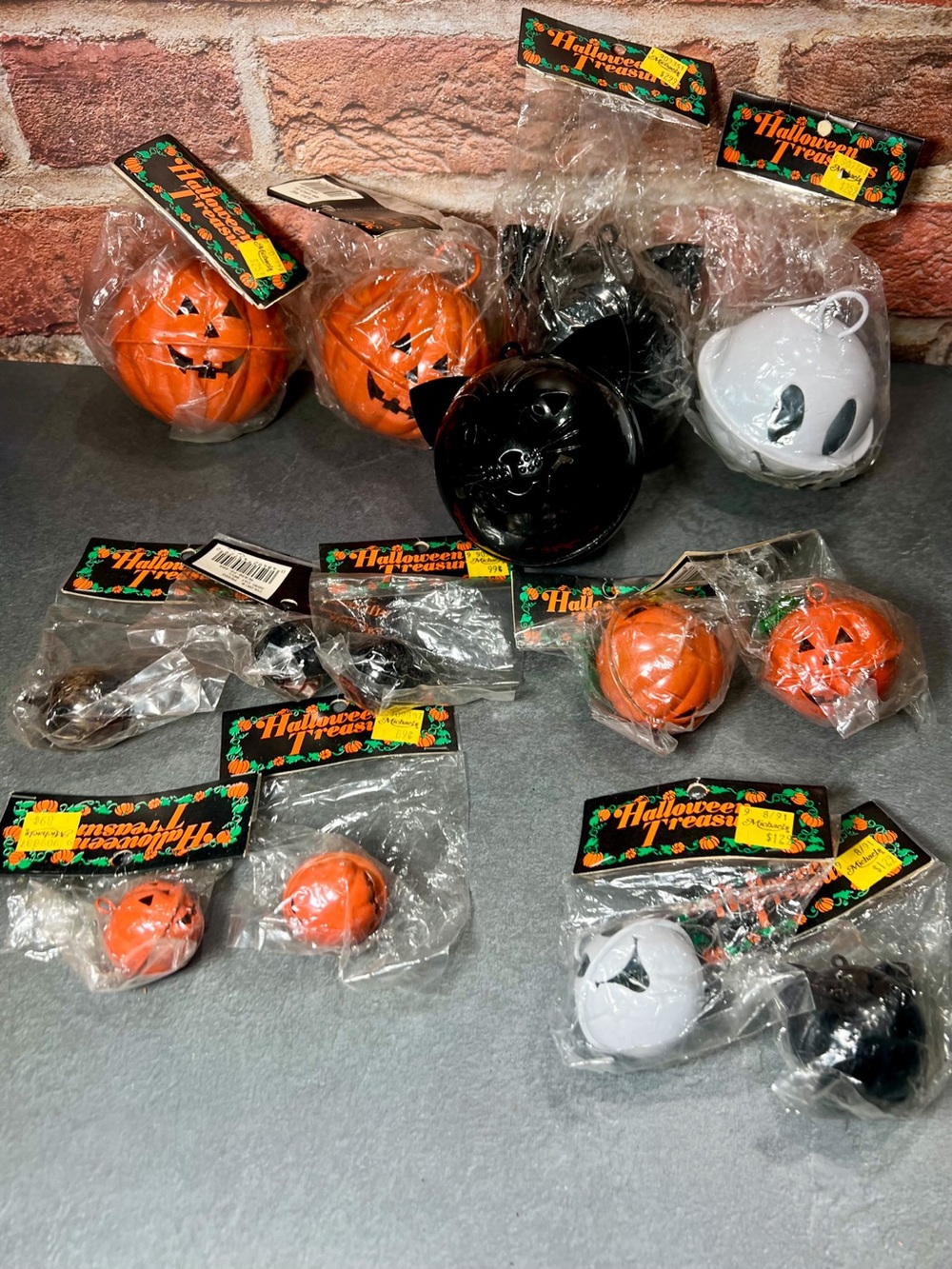 Vintage Michaels Halloween Metal Jingle Bell Ornaments Pumpkin Cat Ghost